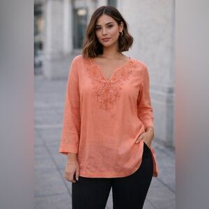 Chico's Size 3 Cotton Silk Top Spring Loose Fit Orange Career Preppy Resort